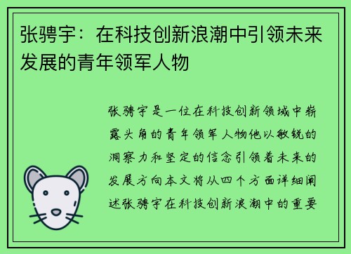 张骋宇：在科技创新浪潮中引领未来发展的青年领军人物